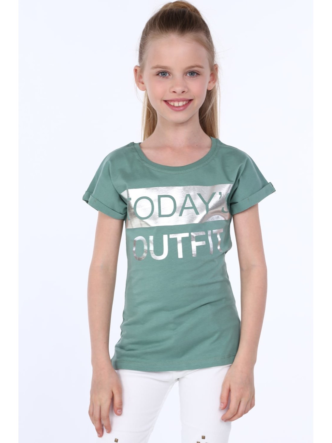 Girls\' T-shirt with inscriptions, green NDZ8168 - Online store - Boutique